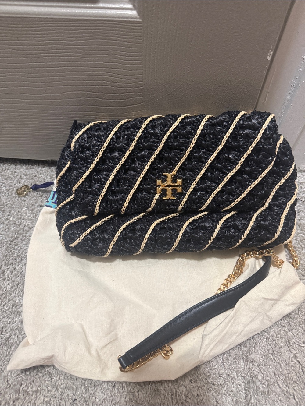 Tory Burch Black Woven Crossbody with Gold Chain & Trim